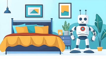 Fototapeta premium Pixel Art Robot In Modern Bedroom Interior