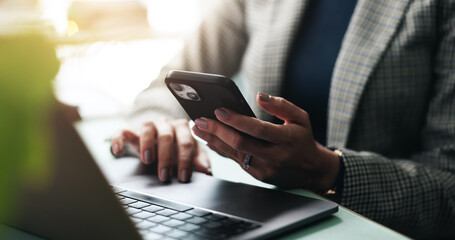 Hands, business and woman with laptop, cellphone and contact with creativity, communication and internet. Digital app, person or employee in workplace, pc or smartphone with seo or email for feedback