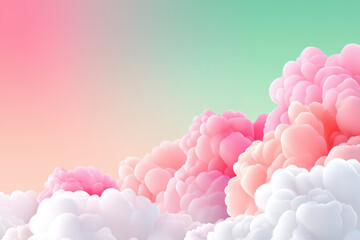 Soft pastel clouds fill the sky with a serene green and pink backdrop with copy space.