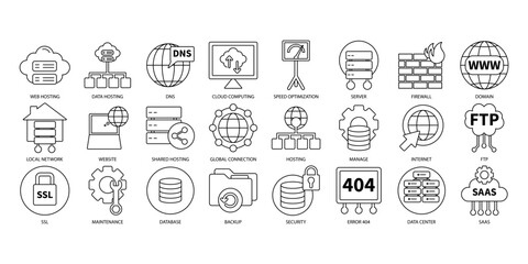 Web hosting icons set . Web hosting pack symbol vector elements for infographic web