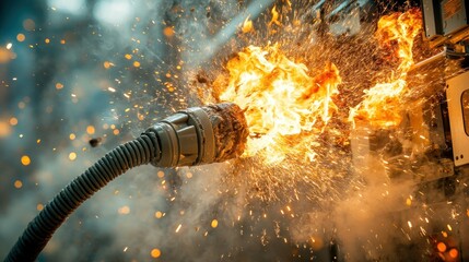 Electrical short circuit in progress.  Flames and sparks erupt from a damaged electrical connector
