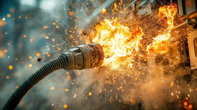 Electrical short circuit in progress.  Flames and sparks erupt from a damaged electrical connector