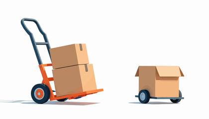 Cartoon boxes on orange hand truck and dolly on white