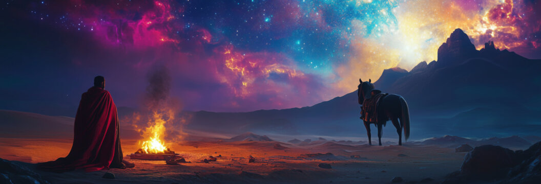 An inspiring scene of Khalid Ibn Al-Walid in a moment of reflection, standing by a campfire in the desert night.