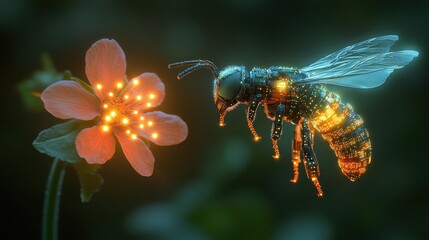 Fototapeta premium A stunning close-up of a robotic bee facing a radiant, glowing flower in a dreamy, digital art.