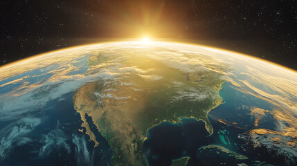 A stunning view of Earth from space at sunrise, showcasing vibrant landscapes and the beauty of our planet's atmosphere.