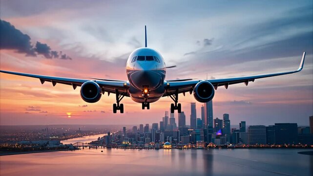 Airplane Landing Sunset Cityscape Stunning Aerial View Travel Flight Journey