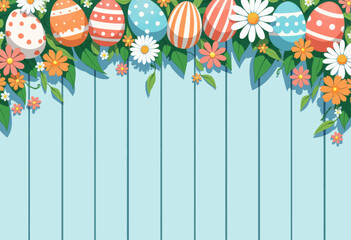 Obraz premium Colorful Easter Eggs and Flowers on Blue Wood Background