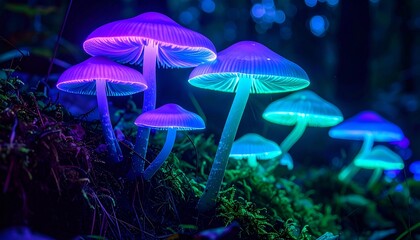 A glowing bioluminescent forest at night, mushrooms emitting soft neon light in shades of violet, aqua, and emerald.