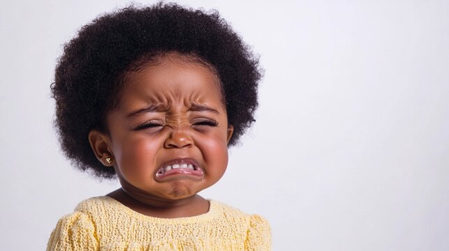 A young child with curly hair shows intense emotions, conveying feelings of sadness or frustration, creating an evocative imagery perfect for storytelling and relatable moments.