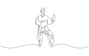 One continuous line drawing karate fighter in kimono practicing karate kick combat, Single line drawing of sporty young karateka man in fighting uniform with belt exercising martial arts in gym.