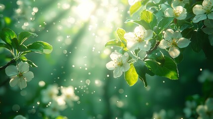 Branches of an apple tree covered in white blossoms with sunlight filtering through, creating a dreamy bokeh effect