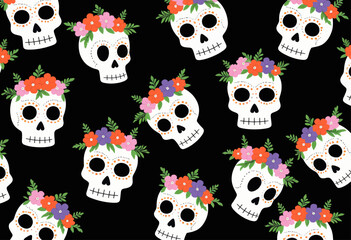Day of the Dead sugar skulls with flowers pattern on black