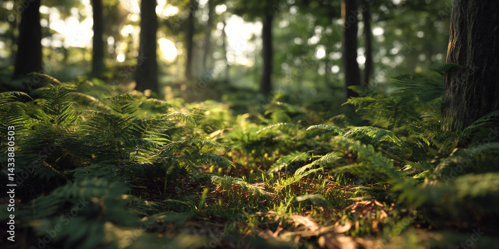 Poster sunlight filters through forest trees, illuminating lush green ferns on the forest floor, creating a