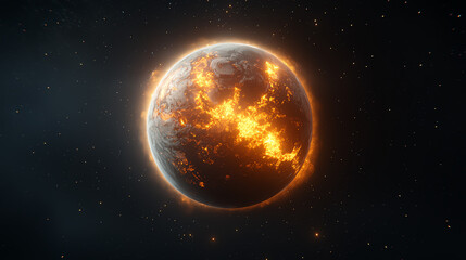 Fototapeta premium A vibrant depiction of a burning planet amidst a starry backdrop, showcasing the beauty and peril of cosmic environments.