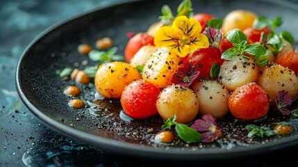 Close-up of a beautifully arranged plant-based meal, showcasing vibrant vegetables and modern culinary presentation