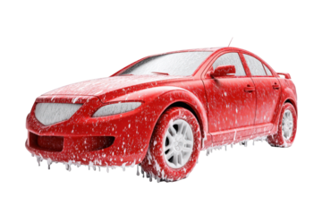 Red car covered in soap suds during a car wash cleaning foam shiny water on transparent background