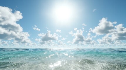 Obraz premium Bright Sunny Day Over Calm Ocean Water with Soft White Clouds
