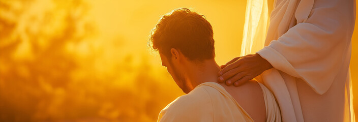 Jesus heals a man's back by touching it