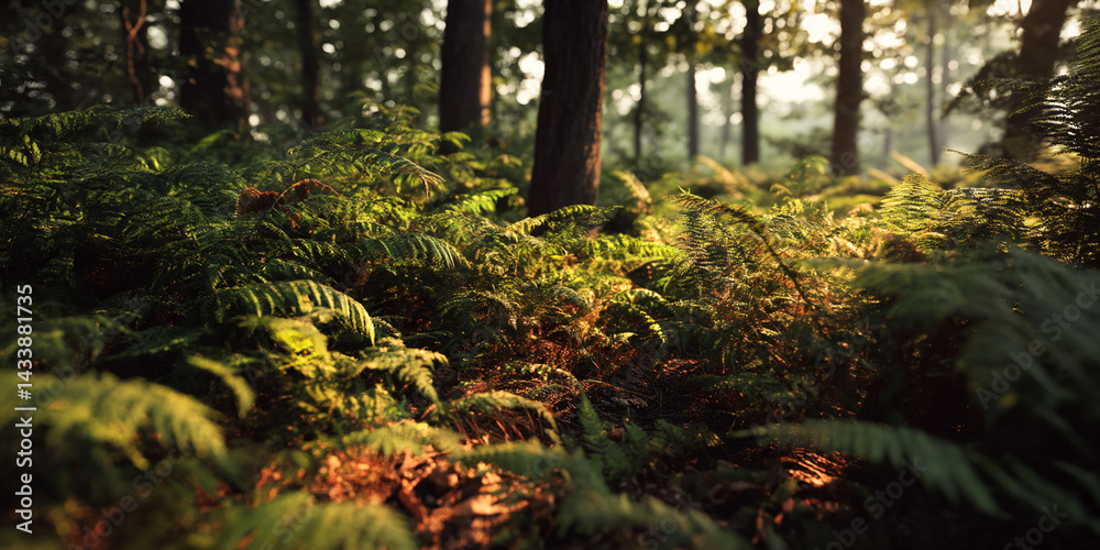 Poster sunlight filters through forest canopy, illuminating vibrant green ferns on forest floor, creating s