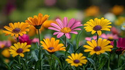 Close-up of daisies and dandelions growing in a sunlit field with soft focus on the colorful textures