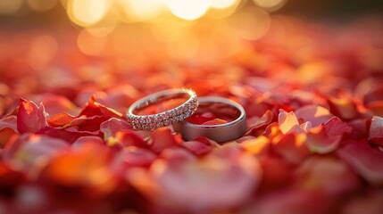 Close-up of wedding rings on a decorative pillow surrounded by rose petals and soft golden light creating a romantic atmosphere