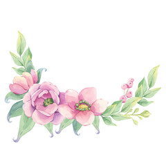 Pink floral arrangement in a semicircle with watercolors