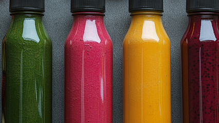 Colourful juice in plastic bottles