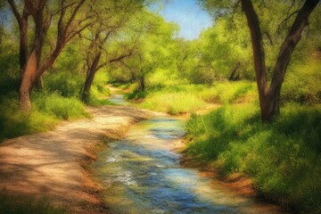Obraz premium Serene stream flows through lush, green foliage, sunlight dappling the tranquil waterway