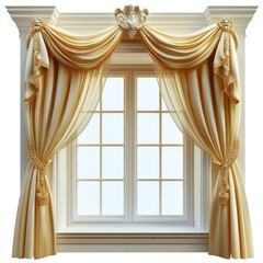 The curtains are gold and white and are draped over the window. The window is white and has a lot of light coming in