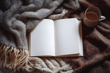 Open notebook with dotted pages laying on a cozy blanket next to a cup of tea, creating a relaxing atmosphere for writing or journaling