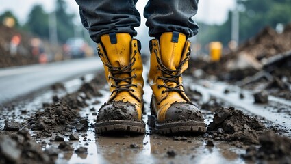 Construction worker’s yellow boots amidst muddy pavement