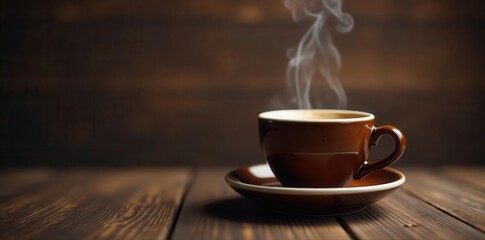 Steaming espresso shot, dark brown wood backdrop, single cup, steam, coffee shop, brown