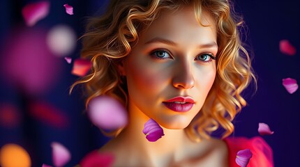 Fototapeta premium Close-Up Portrait of a Beautiful Blonde with Flower Petals in Motion