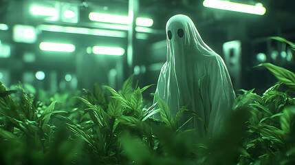 Pixelated Ghost Figure Amidst Green Plants In Dark Industrial Setting