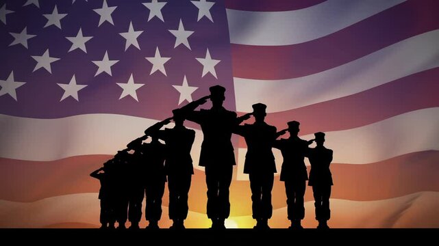 Military personnel standing at attention, silhouetted while saluting beneath waving american flag against dramatic sunset, symbolizing national pride and remembrance