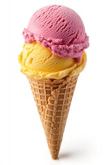 Colorful Ice Cream Cone with Pink and Yellow Scoops on a White Background