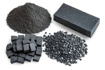 Graphite material in powder, block, and granular forms