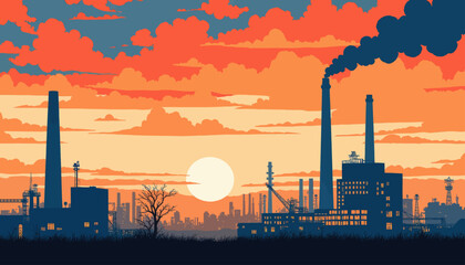 Industrial Plant Silhouette at Sunset with Smoke Stacks