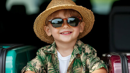 Happy Child Posing In Travel Suitcases