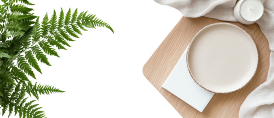 Sophisticated tabletop setting featuring ferns, a plate, and soft textures on transparent