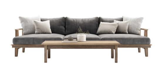Elegant studio shot of a modern gray sofa set with wooden frame and accompanying table