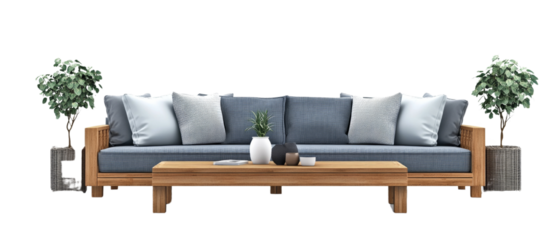 Elegant outdoor teak sofa set with potted plants on a transparent background, showcasing refined comfort