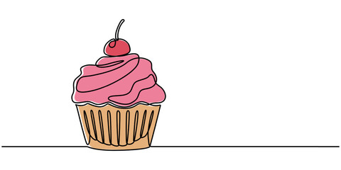 Cupcake Continuous Line Icon, Cupcake with cream and cherries in continuous one line drawing. Minimalist dessert illustration, Muffin cake with strawberry and colored shapes. One single line style.