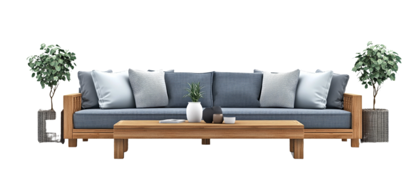 Elegant outdoor teak sofa set with potted plants on a transparent background, showcasing refined comfort