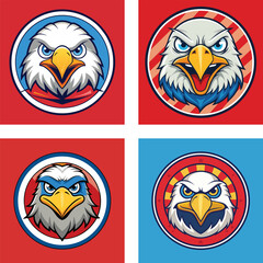 Collection Of Four Fierce Eagle Head Cartoon Logos With American Patriotic Themes
