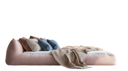 Serene pastel bed featuring plush cushions and a cozy blanket isolated on transparent