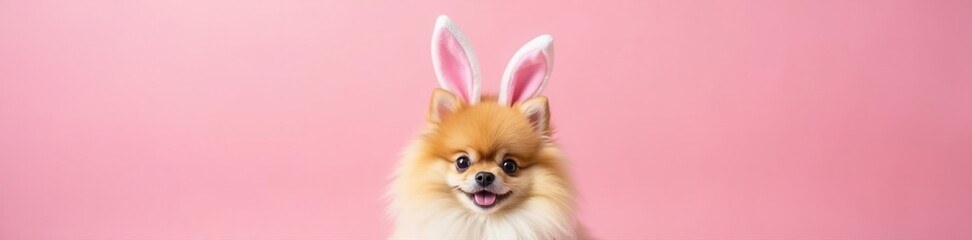 Obraz premium Sweet Pomeranian with Easter bunny ears, soft pink background, adorable, easter theme, cute pet