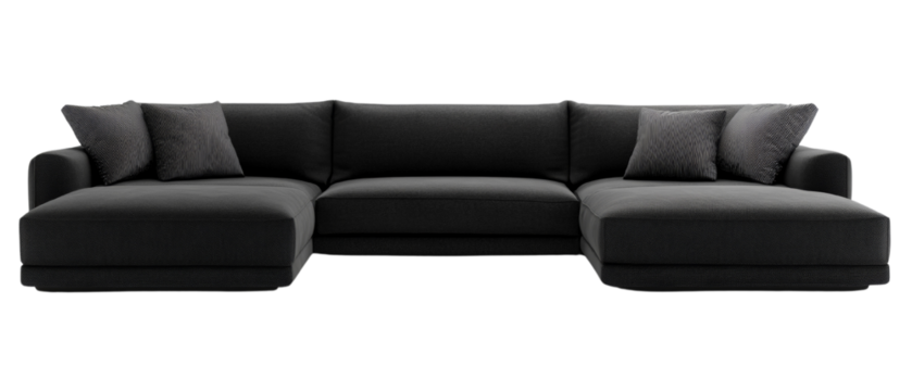 Sophisticated sectional sofa with soft cushions offering luxurious seating, minimalist design with an isolated transparent background