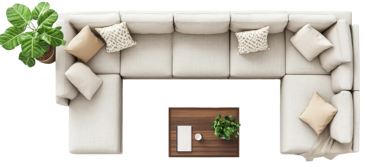 Aerial view of a stylish sectional sofa with decorative pillows and indoor plants on isolated transparent background